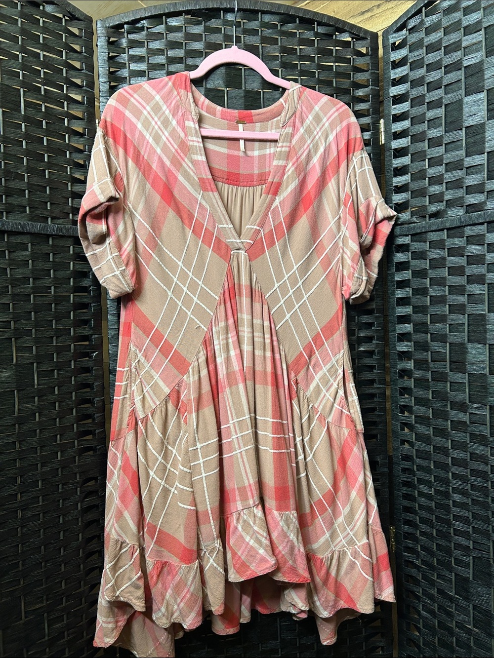 Free People Plaid V-Neck Dress in Pink and Tan